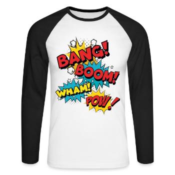 Bang Boom Pow Wham - Bulles de parole comiques - T-shirt baseball manches longues Homme - blanc/noir - Devant - Nik (191cm)