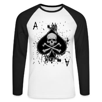 Tête de mort Skull Pik Ass carte de poker cadeau - T-shirt baseball manches longues Homme - blanc/noir - Devant - Nik (191cm)