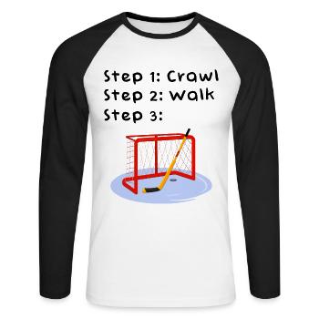 Crawl Walk Hockey Goalie Baby Bodysuit - Unisex Long Sleeve Baseball T-Shirt - white/black - Front - Nik (191cm)