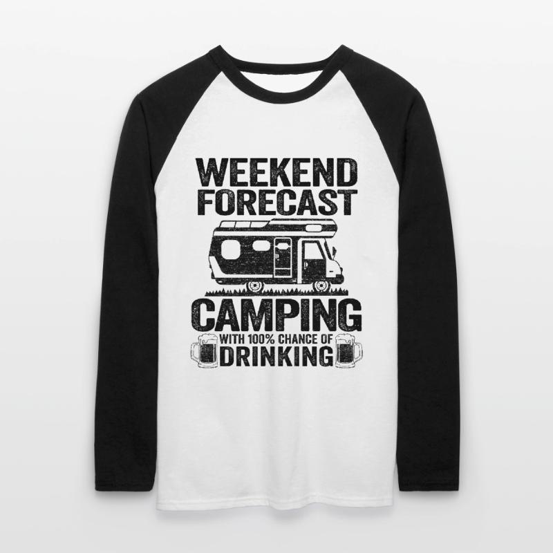 Weekend Forecast Camping With Drinking Camper Unisex Long Sleeve Baseball T-Shirt