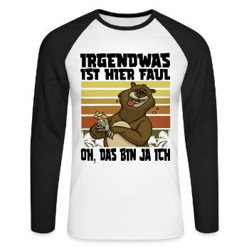 Irgendwas ist hier faul Bär Büro Bier Bären - Unisex Baseballshirt langarm - Weiß/Schwarz - Vorne - Nik (191cm)