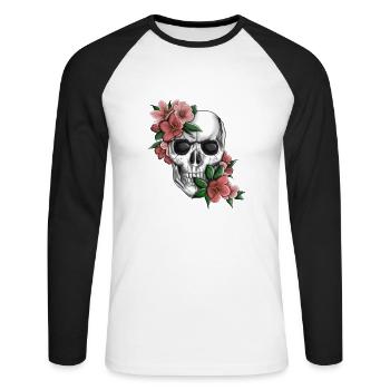 Tête de mort avec des fleurs - T-shirt baseball manches longues Homme - blanc/noir - Devant - Nik (191cm)