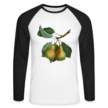 Vintage Birne, botanische Illustration, Zeichnung - Unisex Baseballshirt langarm - Weiß/Schwarz - Vorne - Nik (191cm)