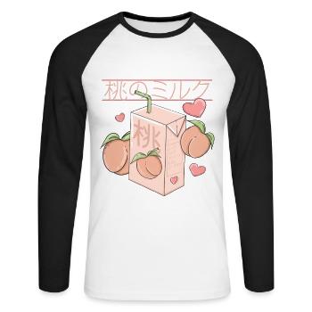 Japanischer Pfirsich Saft retro Anime Design - Unisex Baseballshirt langarm - Weiß/Schwarz - Vorne - Nik (191cm)
