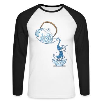 Teapot big wave art drawing Japan style - Unisex Long Sleeve Baseball T-Shirt - white/black - Front - Nik (191cm)