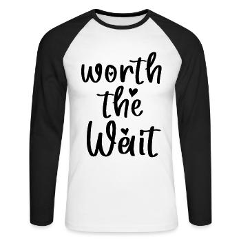 Worth The Wait Baby BodysuitOnesie - Unisex Long Sleeve Baseball T-Shirt - white/black - Front - Nik (191cm)