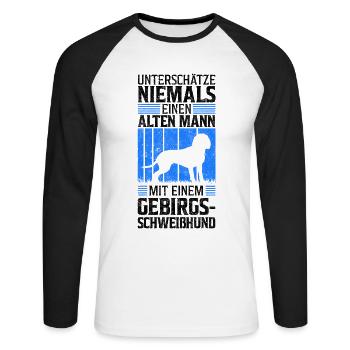 Alter Mann mit Bayerischer Gebirgsschweißhund - Unisex Baseballshirt langarm - Weiß/Schwarz - Vorne - Nik (191cm)