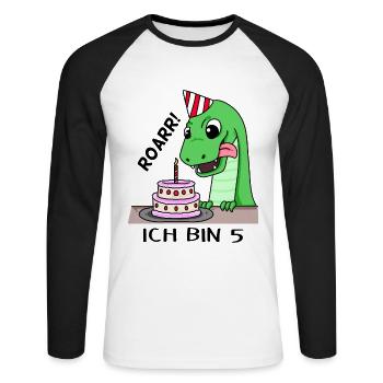 5. Geburtstag Dino Geburtstag Ich bin 5 - Unisex Baseballshirt langarm - Weiß/Schwarz - Vorne - Nik (191cm)