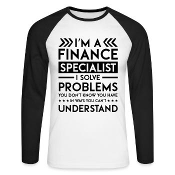 Conseiller financier spécialiste - T-shirt baseball manches longues Homme - blanc/noir - Devant - Nik (191cm)