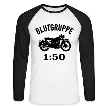 Blutgruppe 1:50 Zweitakter Gemisch Moped Motorrad - Unisex Baseballshirt langarm - Weiß/Schwarz - Vorne - Nik (191cm)