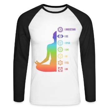 Chakra Energy Alignment Meditation Design - Unisex Long Sleeve Baseball T-Shirt - white/black - Front - Nik (191cm)