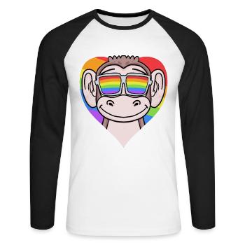 LGBT Herz mit Affe Regenbogen - Unisex Baseballshirt langarm - Weiß/Schwarz - Vorne - Nik (191cm)
