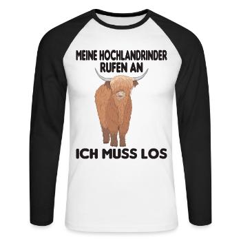 Schottisches Hochlandrind Highland Cow - Unisex Baseballshirt langarm - Weiß/Schwarz - Vorne - Nik (191cm)