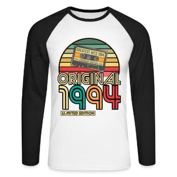 Cassette Bande Rétro Vintage 1994 né année 1994 - T-shirt baseball manches longues Homme - blanc/noir - Devant - Nik (191cm)