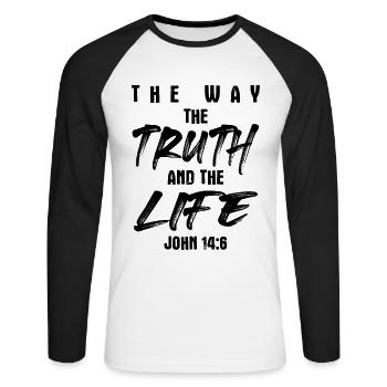 loin la vérité vivre la bible - T-shirt baseball manches longues Homme - blanc/noir - Devant - Nik (191cm)