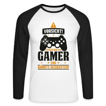 Vorsicht Gamer und könnte ausrasten Lustiger - Unisex Baseballshirt langarm - Weiß/Schwarz - Vorne - Nik (191cm)