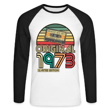 Cassette Tape Retro Vintage 1973 geboren Jahr 1973 - Unisex Baseballshirt langarm - Weiß/Schwarz - Vorne - Nik (191cm)