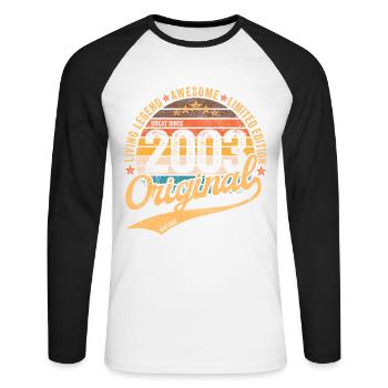 18. Geburtstag Vintage 2003 geboren im Jahr 2003 - Unisex Baseballshirt langarm - Weiß/Schwarz - Vorne - Nik (191cm)