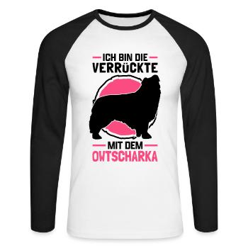 Verrückte mit Kaukasischer Owtscharka Kaukase - Unisex Baseballshirt langarm - Weiß/Schwarz - Vorne - Nik (191cm)