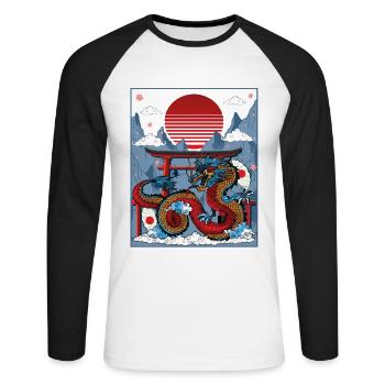 Japanischer Drache Tempel der Macht - Unisex Baseballshirt langarm - Weiß/Schwarz - Vorne - Nik (191cm)