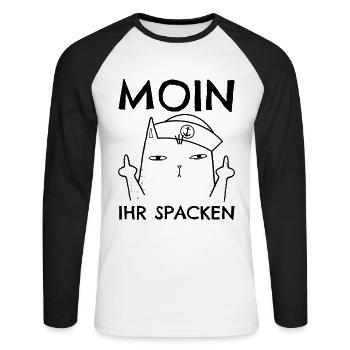 Moin ihr Spacken Norddeutscher Humor Katze Matrose - Unisex Baseballshirt langarm - Weiß/Schwarz - Vorne - Nik (191cm)