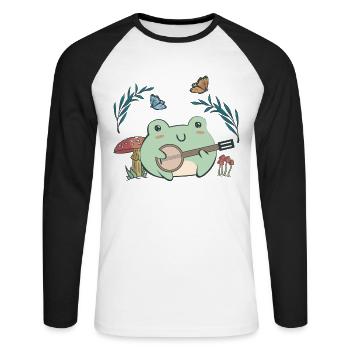 Cottagecore Aesthetic Kawaii Frog Plays Banjo - Unisex Long Sleeve Baseball T-Shirt - white/black - Front - Nik (191cm)