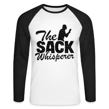 The Sack Whisperer Bean Bag Toss Mens Funny Corn - Unisex Long Sleeve Baseball T-Shirt - white/black - Front - Nik (191cm)