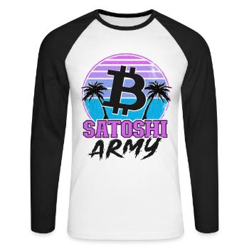 Satoshi Army Retrowave Crypto-monnaies Bitcoin - T-shirt baseball manches longues Homme - blanc/noir - Devant - Nik (191cm)