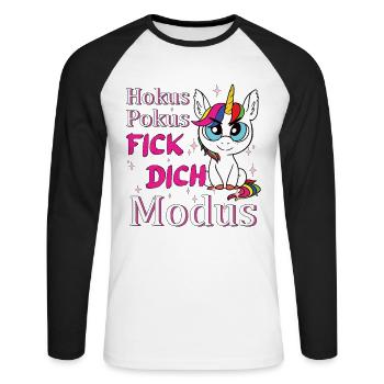 Hokus Pokus Fick Dich Modus Einhorn - Unisex Baseballshirt langarm - Weiß/Schwarz - Vorne - Nik (191cm)
