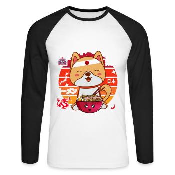 Kawaii Dog Ramen Noodles Japon Design - T-shirt baseball manches longues Homme - blanc/noir - Devant - Nik (191cm)