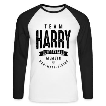 Membre à vie de l’équipe Harry Drôle personnalisé - T-shirt baseball manches longues Homme - blanc/noir - Devant - Nik (191cm)
