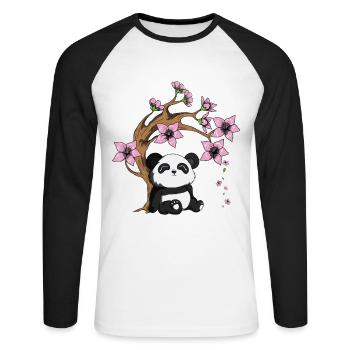 Panda Bear Tree Cherry Blossom Bamboo Happy Panda - Unisex Long Sleeve Baseball T-Shirt - white/black - Front - Nik (191cm)