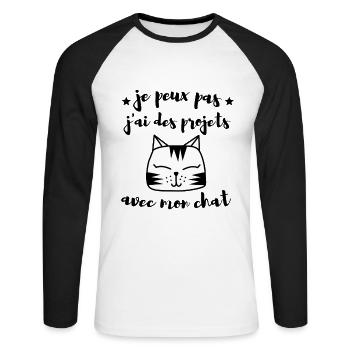 Je peux pas j ai des projets avec mon chat - T-shirt baseball manches longues Homme - blanc/noir - Devant - Nik (191cm)