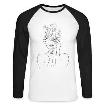 Cottagecore Aesthetic Line Art Champignon Visage - T-shirt baseball manches longues Homme - blanc/noir - Devant - Nik (191cm)