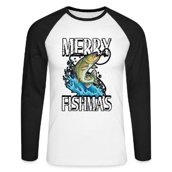 Drôle Merry Fishmas Pêche Pêcheur Pêcheur - T-shirt baseball manches longues Homme - blanc/noir - Devant - Nik (191cm)