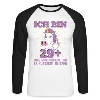 30. Geburtstag Frau Einhorn Ich bin 29+ plus - Unisex Baseballshirt langarm - Weiß/Schwarz - Vorne - Nik (191cm)