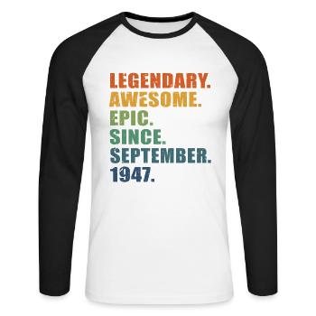 75th Birthday, September 1947, 75 Year Anniversary - Unisex Long Sleeve Baseball T-Shirt - white/black - Front - Nik (191cm)