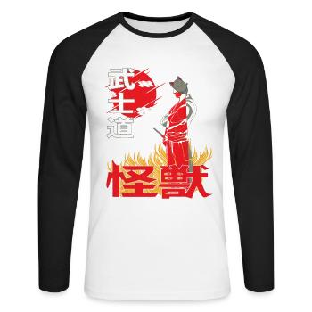 Ninja Artwork Sunset Japan Anime stil in Flammen - Unisex Baseballshirt langarm - Weiß/Schwarz - Vorne - Nik (191cm)