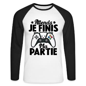 Attends Je Finis ma Partie - T-shirt baseball manches longues Homme - blanc/noir - Devant - Nik (191cm)