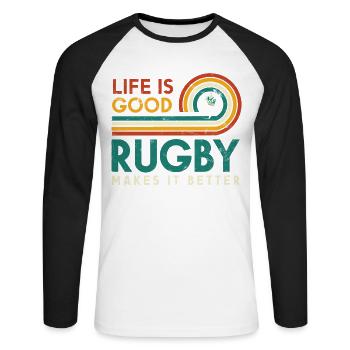 Life is good. Rugby makes it better - Unisex Long Sleeve Baseball T-Shirt - white/black - Front - Nik (191cm)