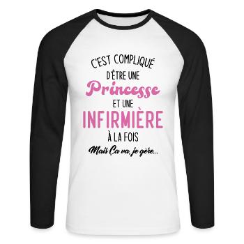 Princesse et infirmière, Cadeau infirmière femme - T-shirt baseball manches longues Homme - blanc/noir - Devant - Nik (191cm)