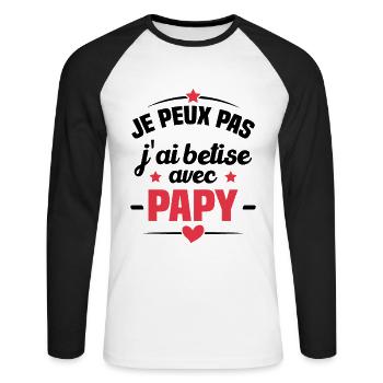 Je peux pas j'ai bêtise avec papy - T-shirt baseball manches longues Homme - blanc/noir - Devant - Nik (191cm)