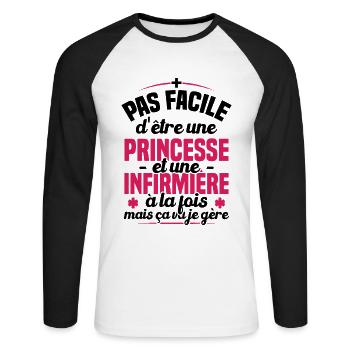Princesse et Infirmière / Humour cadeau infirmière - T-shirt baseball manches longues Homme - blanc/noir - Devant - Nik (191cm)