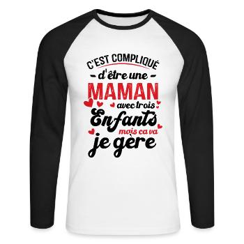 C'est compliqué d'être une Maman avec 3 Enfants - T-shirt baseball manches longues Homme - blanc/noir - Devant - Nik (191cm)