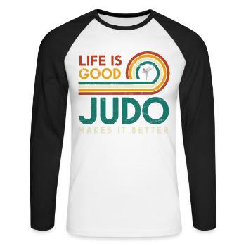 Life is good, judo makes it better - Unisex Long Sleeve Baseball T-Shirt - white/black - Front - Nik (191cm)