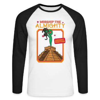 Worship The Almighty Ruler - Ancient Masters - Cat - Unisex Baseballshirt langarm - Weiß/Schwarz - Vorne - Nik (191cm)