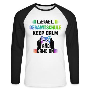Level GESAMTSCHULE keep calm and game on - Unisex Baseballshirt langarm - Weiß/Schwarz - Vorne - Nik (191cm)