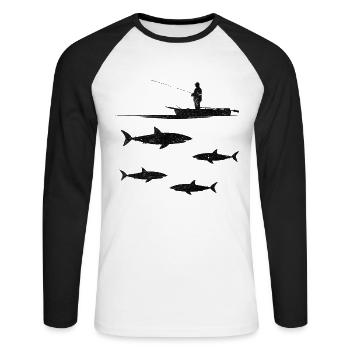 Haifisch Fisherman Sharkfishing Great White Shark - Unisex Baseballshirt langarm - Weiß/Schwarz - Vorne - Nik (191cm)