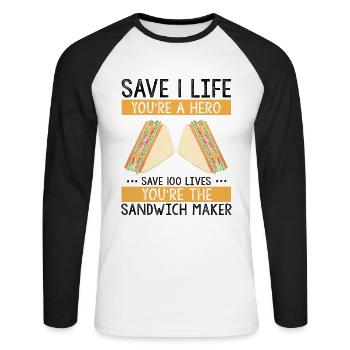 Food Makers Grill BBQ Sandwich Grill Maître - T-shirt baseball manches longues Homme - blanc/noir - Devant - Nik (191cm)