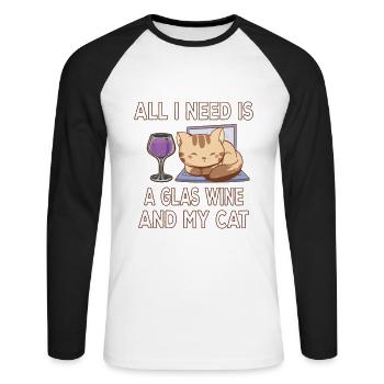 All I Need Is A Glass Of And My Cat Funny Saying - Unisex Long Sleeve Baseball T-Shirt - white/black - Front - Nik (191cm)